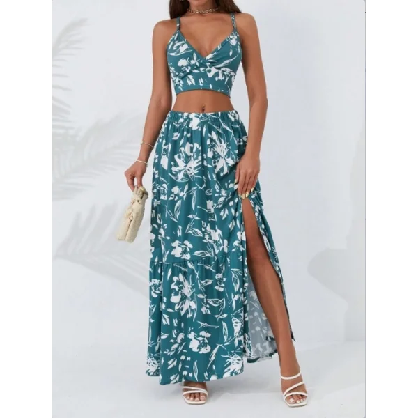 Kadın Ince Askılı çiçek Baskı Desenli Crop Yırtmaçlı Etek Ikili Süprem Takım