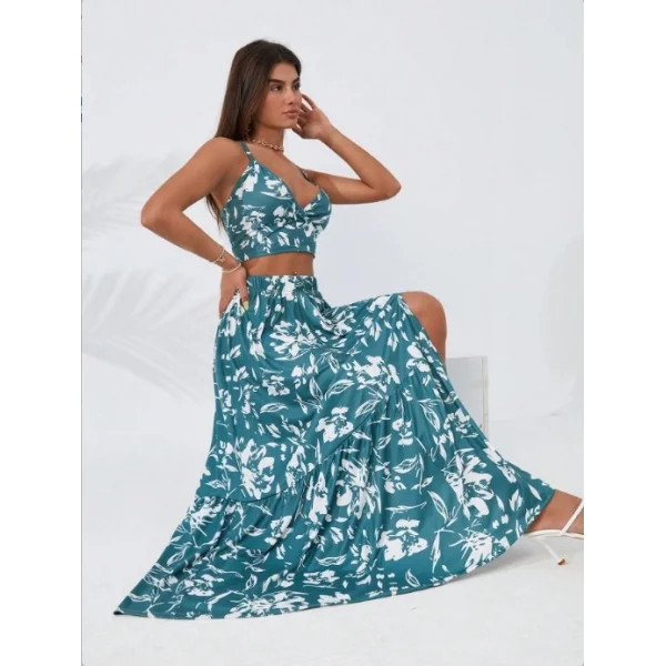 Kadın Ince Askılı çiçek Baskı Desenli Crop Yırtmaçlı Etek Ikili Süprem Takım