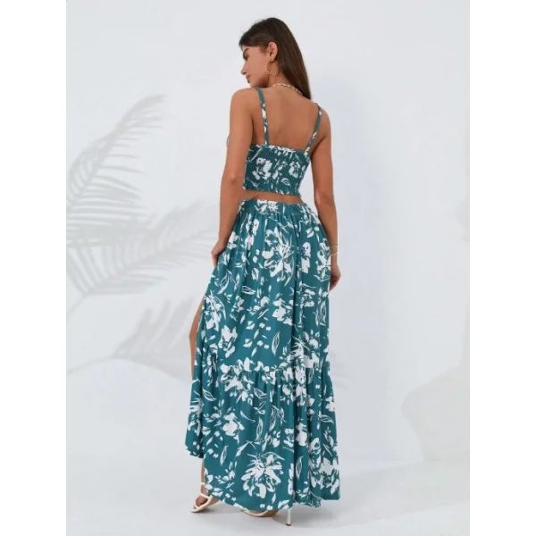 Kadın Ince Askılı çiçek Baskı Desenli Crop Yırtmaçlı Etek Ikili Süprem Takım