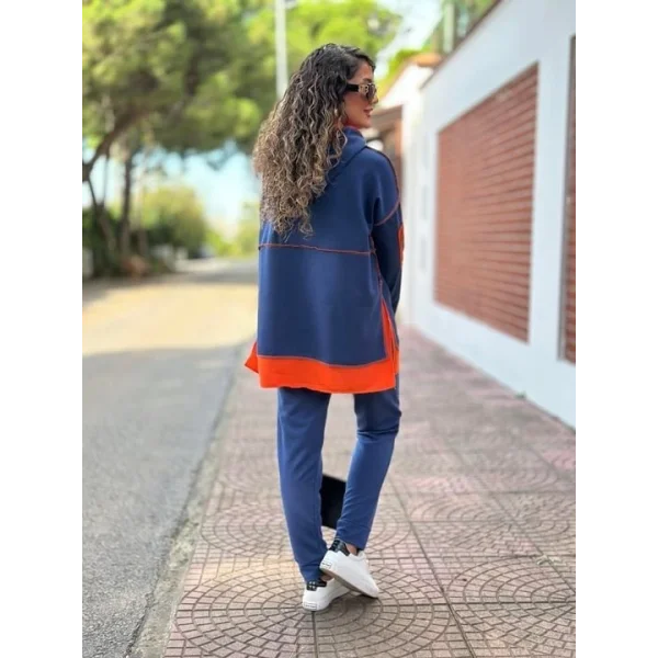 Kadın Indigo Kapşonlu Etek Ucu Detay Arma Ters Dikiş Gorunumlu Ikili Takım