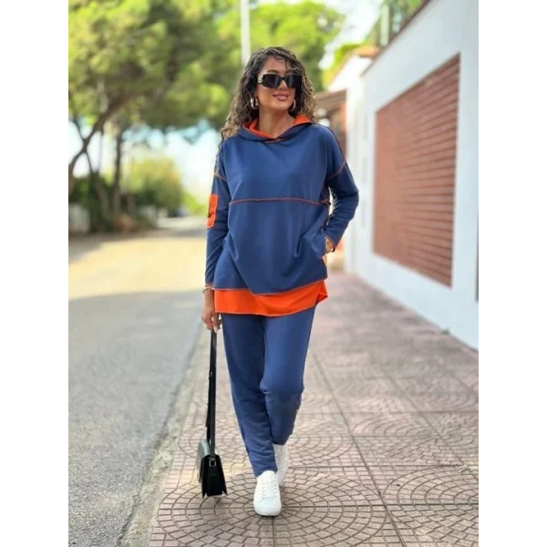 Kadın Indigo Kapşonlu Etek Ucu Detay Arma Ters Dikiş Gorunumlu Ikili Takım