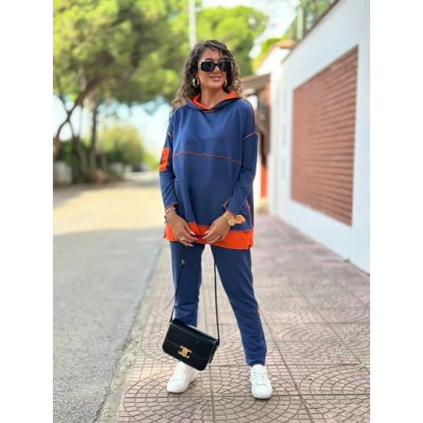 Kadın Indigo Kapşonlu Etek Ucu Detay Arma Ters Dikiş Gorunumlu Ikili Takım