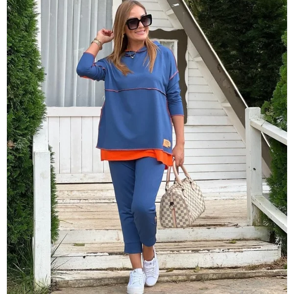 Kadın Indigo Kapşonlu Etek Ucu Detay Arma Ters Dikiş Gorunumlu Ikili Takım