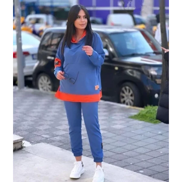 Kadın Indigo Kapşonlu Etek Ucu Detay Arma Ters Dikiş Gorunumlu Ikili Takım