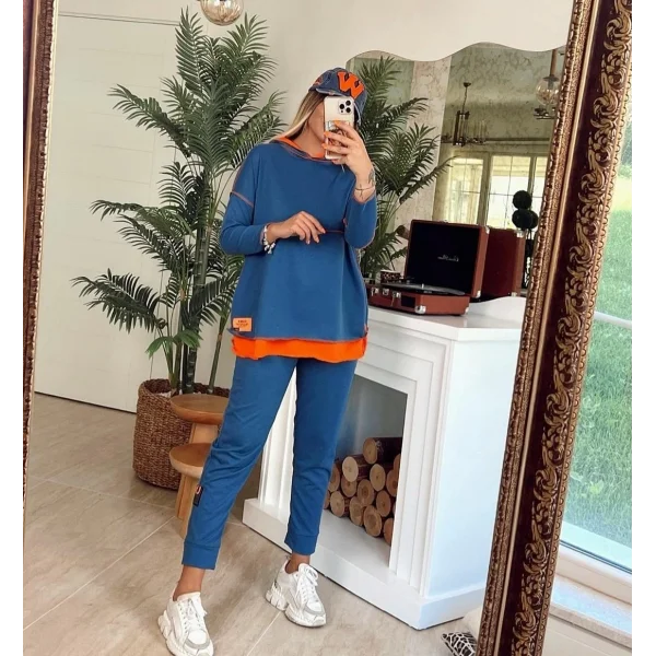 Kadın Indigo Kapşonlu Etek Ucu Detay Arma Ters Dikiş Gorunumlu Ikili Takım