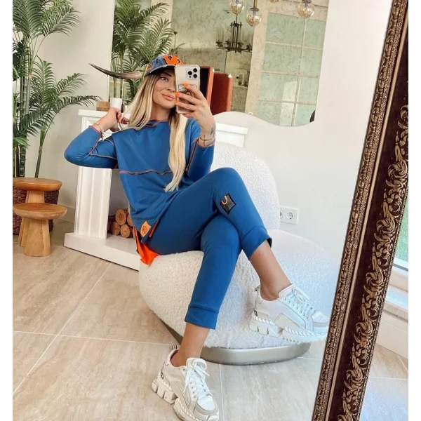 Kadın Indigo Kapşonlu Etek Ucu Detay Arma Ters Dikiş Gorunumlu Ikili Takım