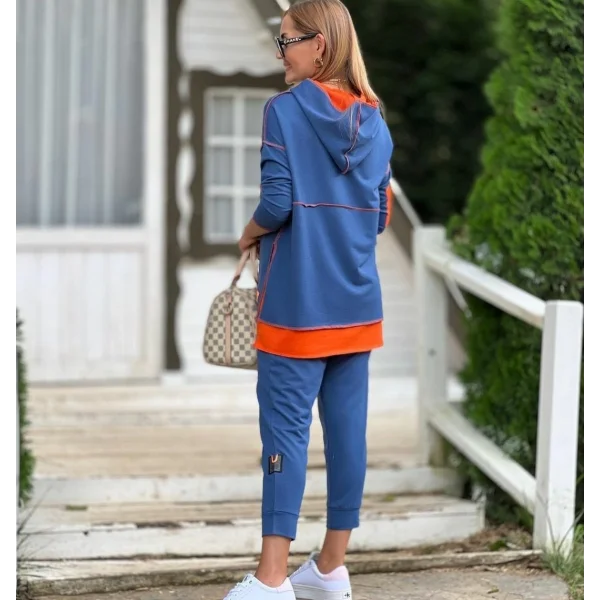 Kadın Indigo Kapşonlu Etek Ucu Detay Arma Ters Dikiş Gorunumlu Ikili Takım