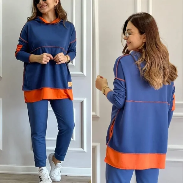 Kadın Indigo Kapşonlu Etek Ucu Detay Arma Ters Dikiş Gorunumlu Ikili Takım