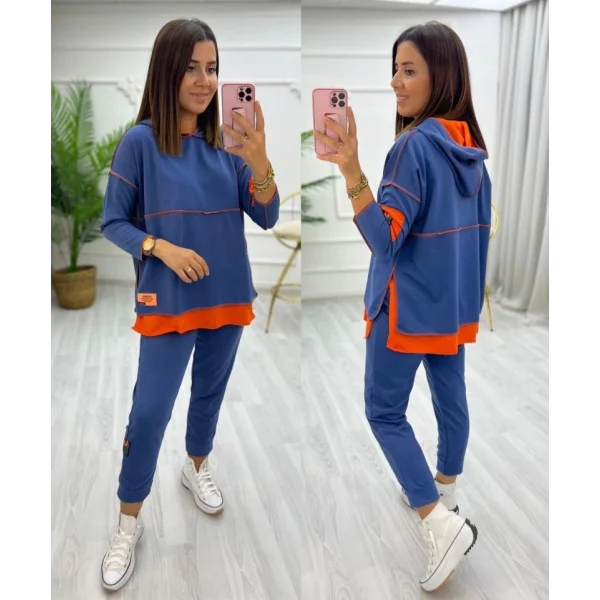 Kadın Indigo Kapşonlu Etek Ucu Detay Arma Ters Dikiş Gorunumlu Ikili Takım