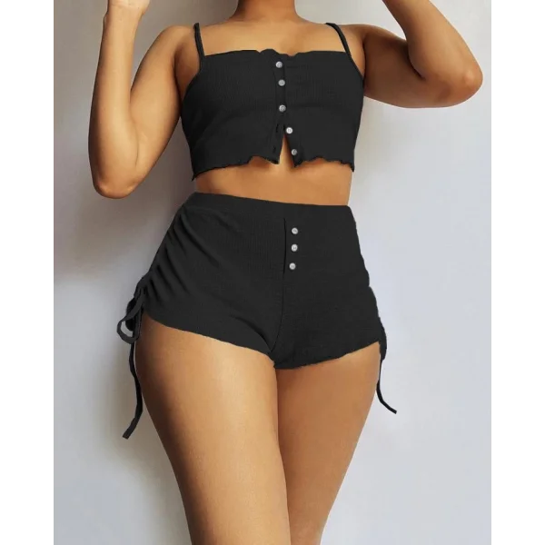 Kadın Ip Askılı Crop Bluz Ve Yanlardan Büzgülü Ikili Kaşkorse Short Takım