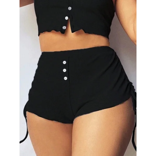 Kadın Ip Askılı Crop Bluz Ve Yanlardan Büzgülü Ikili Kaşkorse Short Takım