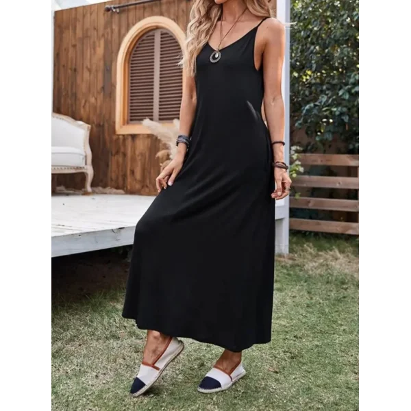 Kadın Ip Askılı Derin Geniş V Yakalı Uzun Viskon Elbise