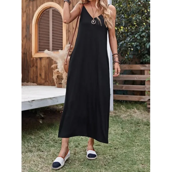 Kadın Ip Askılı Derin Geniş V Yakalı Uzun Viskon Elbise