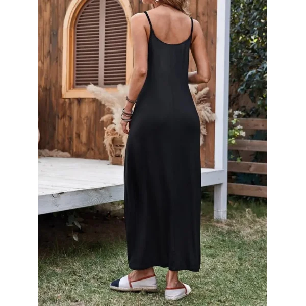 Kadın Ip Askılı Derin Geniş V Yakalı Uzun Viskon Elbise