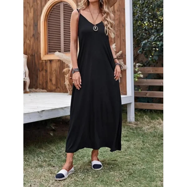 Kadın Ip Askılı Derin Geniş V Yakalı Uzun Viskon Elbise