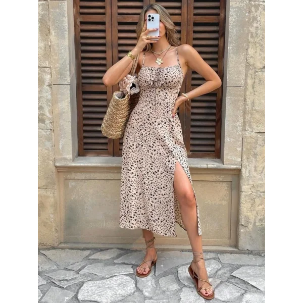 Kadın Ip Askılı Desenli Yırtmaçlı Süprem Midi Elbise