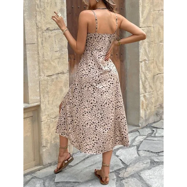 Kadın Ip Askılı Desenli Yırtmaçlı Süprem Midi Elbise