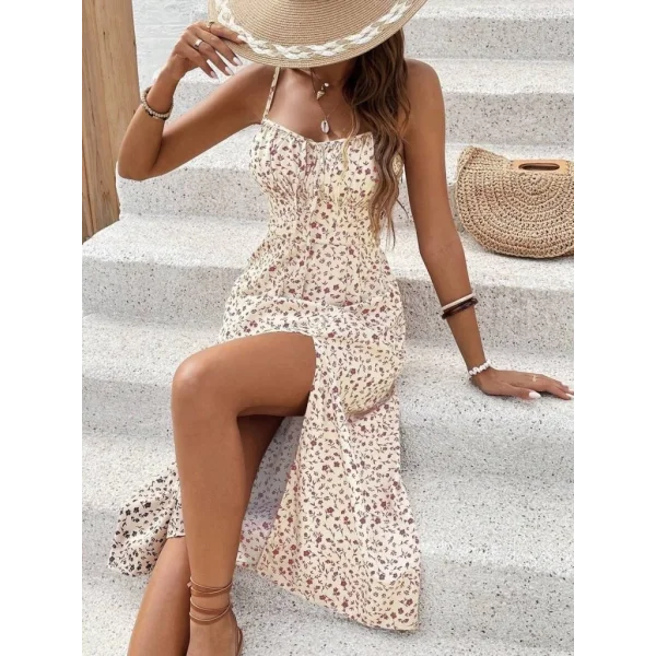 Kadın Ip Askılı Geniş V Yaka Bağcıklı Yandan Yırtmaçlı çiçek Desenli Midi Süprem Elbise