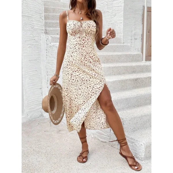 Kadın Ip Askılı Geniş V Yaka Bağcıklı Yandan Yırtmaçlı çiçek Desenli Midi Süprem Elbise