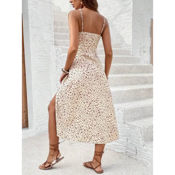 Kadın Ip Askılı Geniş V Yaka Bağcıklı Yandan Yırtmaçlı çiçek Desenli Midi Süprem Elbise