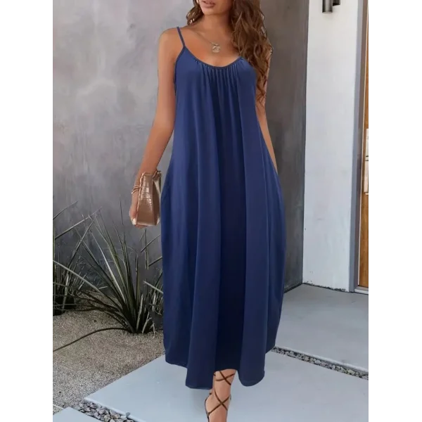 Kadın Ip Askılı Geniş V Yakalı Cepli Viskon Elbise