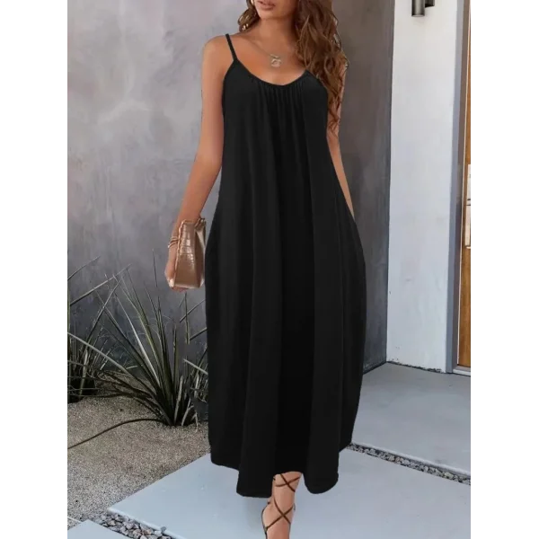 Kadın Ip Askılı Geniş V Yakalı Cepli Viskon Elbise