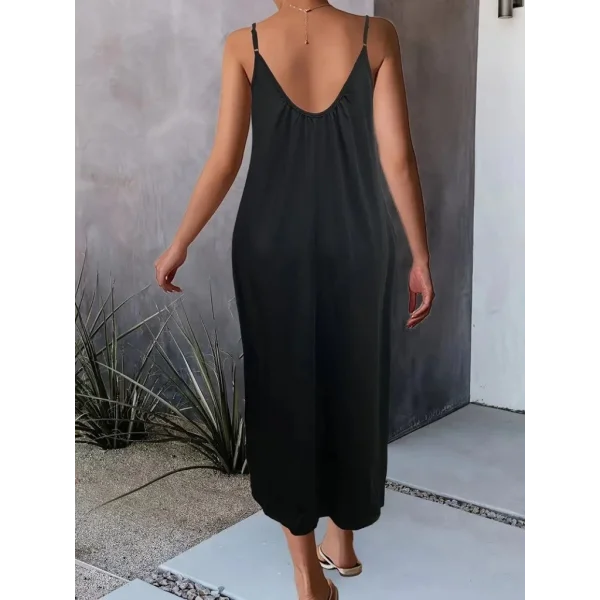 Kadın Ip Askılı Geniş V Yakalı Cepli Viskon Elbise