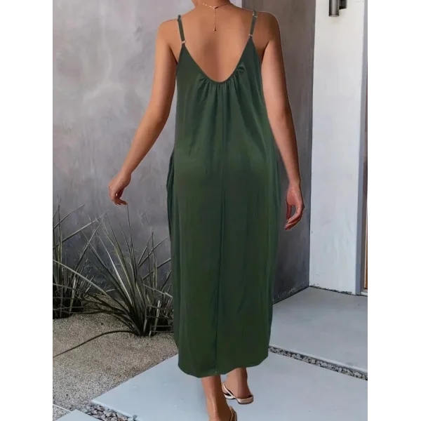 Kadın Ip Askılı Geniş V Yakalı Cepli Viskon Elbise