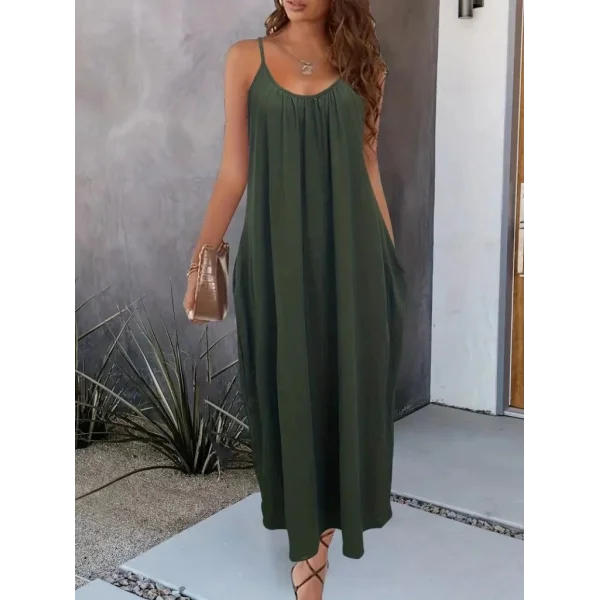 Kadın Ip Askılı Geniş V Yakalı Cepli Viskon Elbise