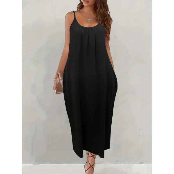 Kadın Ip Askılı Geniş V Yakalı Cepli Viskon Elbise