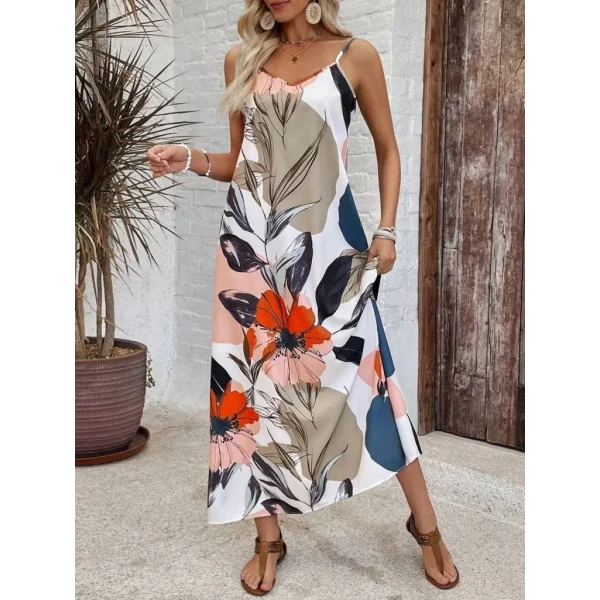 Kadın Ip Askılı Geniş V Yakalı Desenli Süprem Elbise