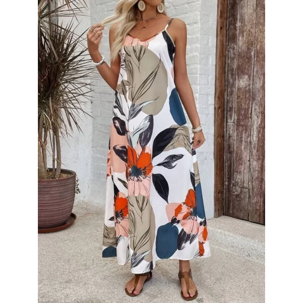 Kadın Ip Askılı Geniş V Yakalı Desenli Süprem Elbise