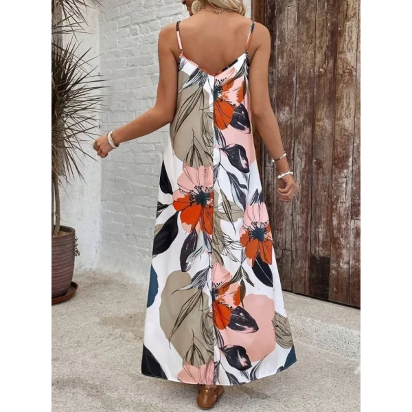 Kadın Ip Askılı Geniş V Yakalı Desenli Süprem Elbise