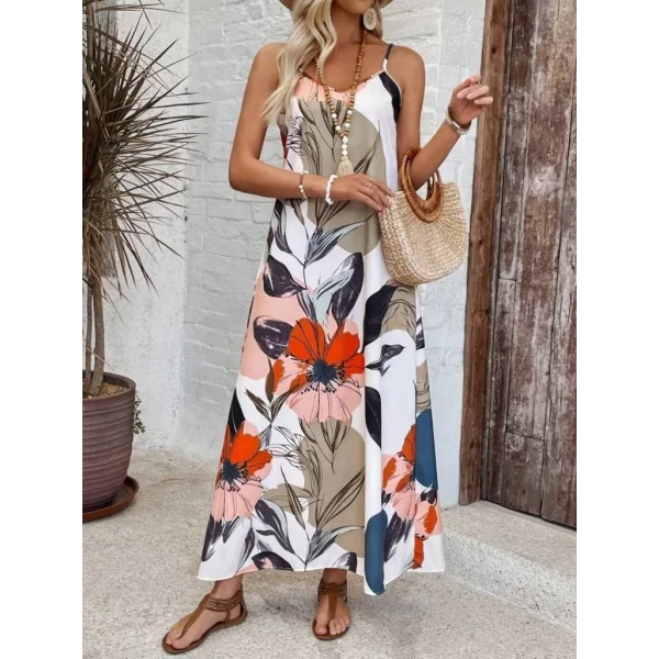 Kadın Ip Askılı Geniş V Yakalı Desenli Süprem Elbise