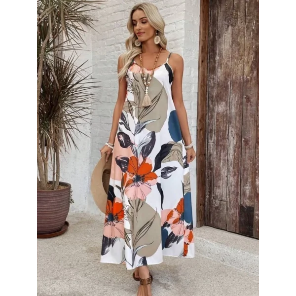 Kadın Ip Askılı Geniş V Yakalı Desenli Süprem Elbise