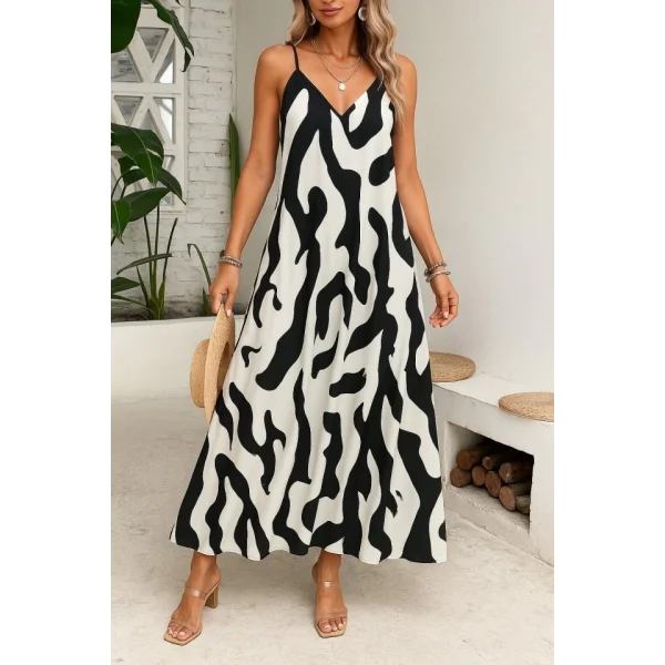 Kadın Ip Askılı Geniş V Yakalı Leopar Desenli Süprem Elbise