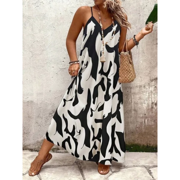 Kadın Ip Askılı Geniş V Yakalı Leopar Desenli Süprem Elbise