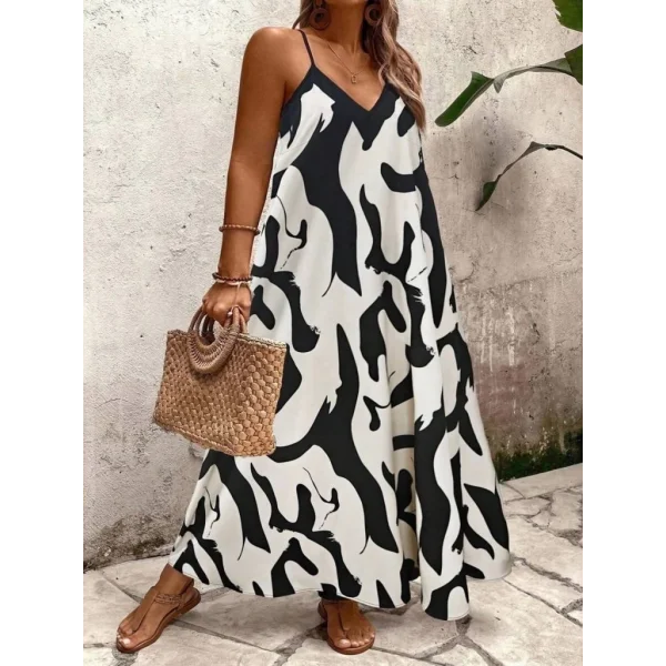 Kadın Ip Askılı Geniş V Yakalı Leopar Desenli Süprem Elbise