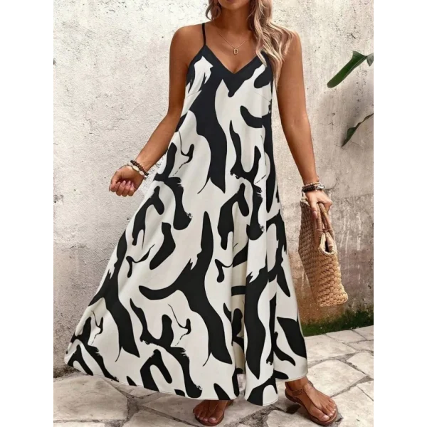 Kadın Ip Askılı Geniş V Yakalı Leopar Desenli Süprem Elbise