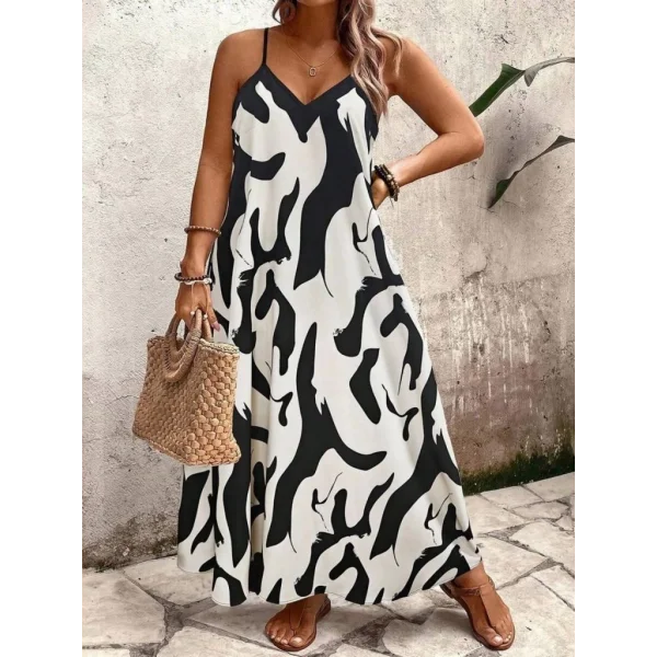 Kadın Ip Askılı Geniş V Yakalı Leopar Desenli Süprem Elbise