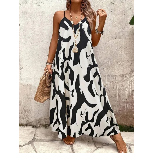 Kadın Ip Askılı Geniş V Yakalı Leopar Desenli Süprem Elbise