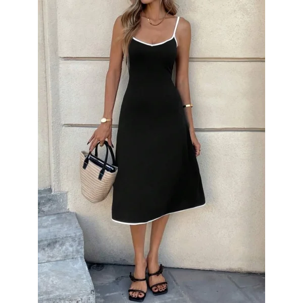 Kadın Ip Askılı Geniş V Yakalı Midi Janjan Krep Elbise