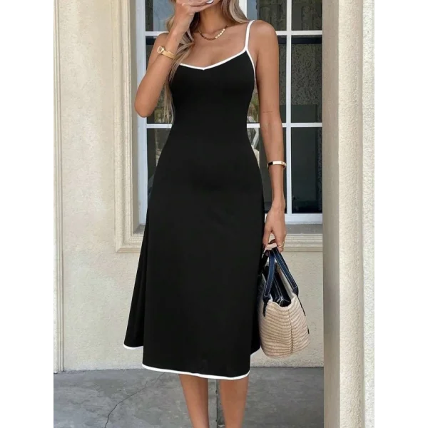 Kadın Ip Askılı Geniş V Yakalı Midi Janjan Krep Elbise