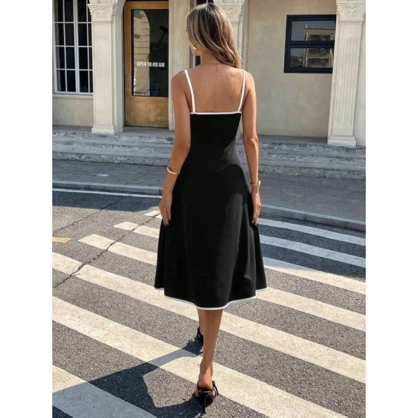 Kadın Ip Askılı Geniş V Yakalı Midi Janjan Krep Elbise