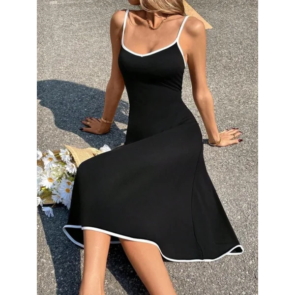 Kadın Ip Askılı Geniş V Yakalı Midi Janjan Krep Elbise