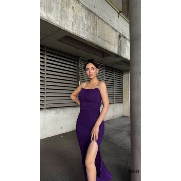 Kadın Ip Askılı Gipe Detay Maxi Boy Yırmaçlı Elbise