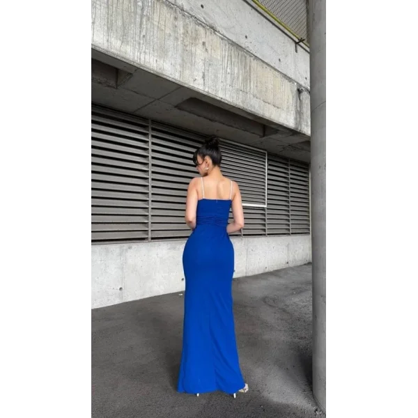 Kadın Ip Askılı Gipe Detay Maxi Boy Yırmaçlı Elbise