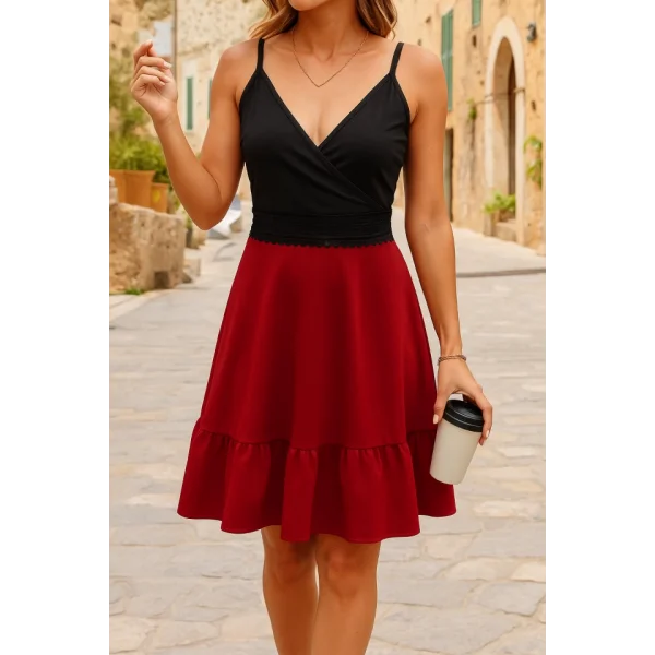 Kadın Ip Askılı Kruvaze Yaka Bel Dantel Ithal Krep Elbise