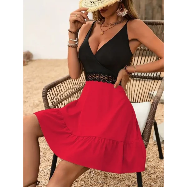 Kadın Ip Askılı Kruvaze Yaka Bel Dantel Ithal Krep Elbise