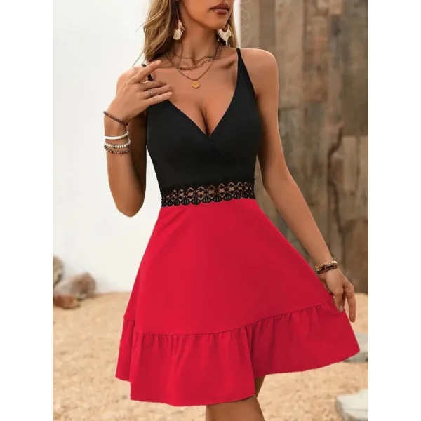 Kadın Ip Askılı Kruvaze Yaka Bel Dantel Ithal Krep Elbise